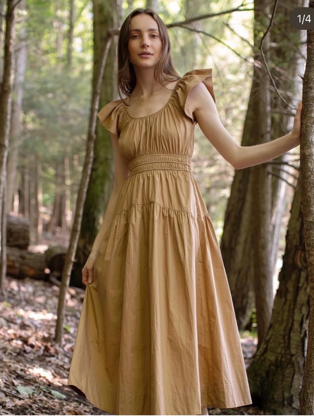 Marea by Liz Joy Jane in Camel Solid Cotton Midi Dress Small $268 Worn Once EUC - Picture 3 of 10